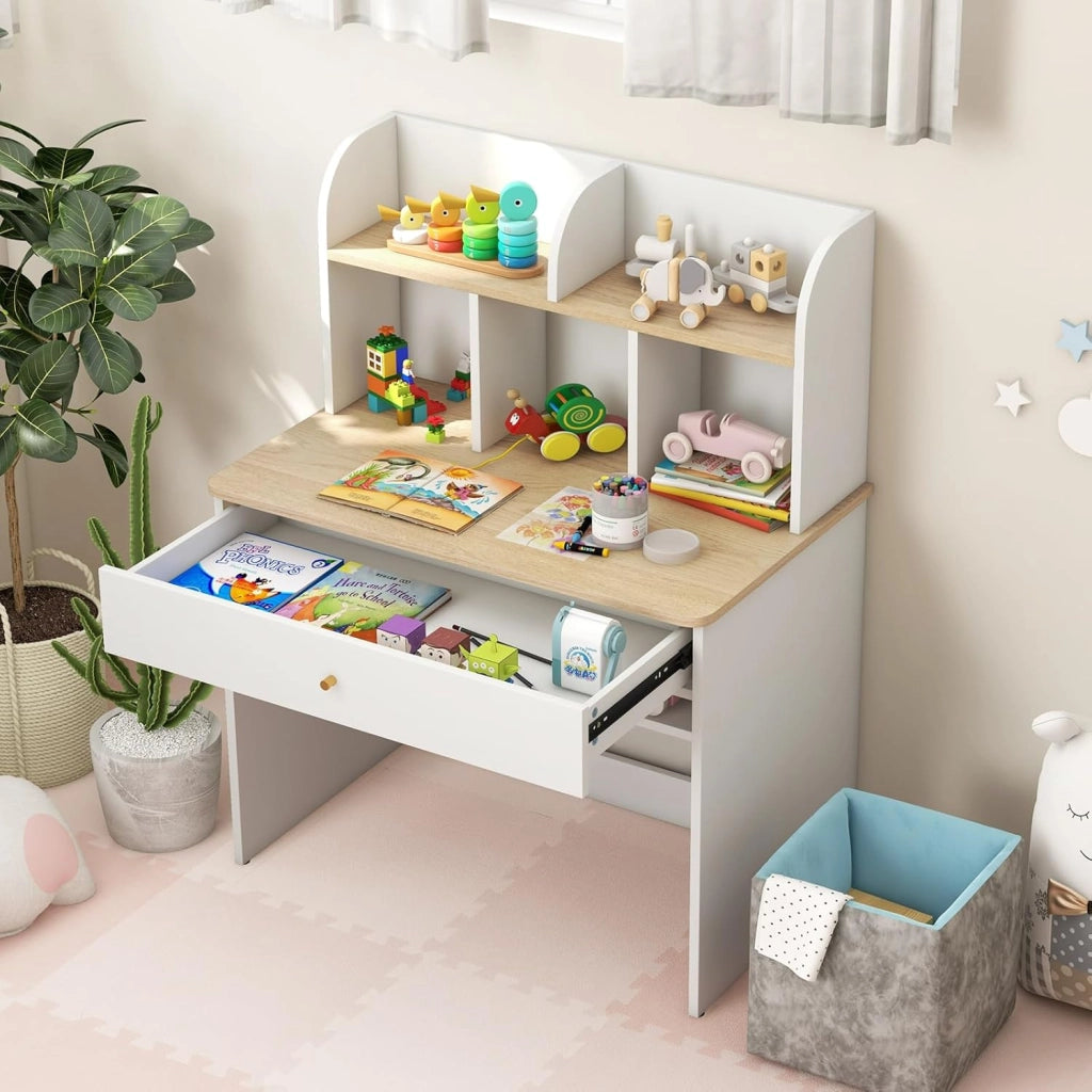 Scrivania in Legno 80 x 48 x 102 cm per Bambini 3+ Anni, Scrivania Cameretta Bambina con 5 Mensole, 1 Cassetto, Spazio di Lavoro e Angoli Arrotondati, Ideale per Studio e Disegno (Naturale)