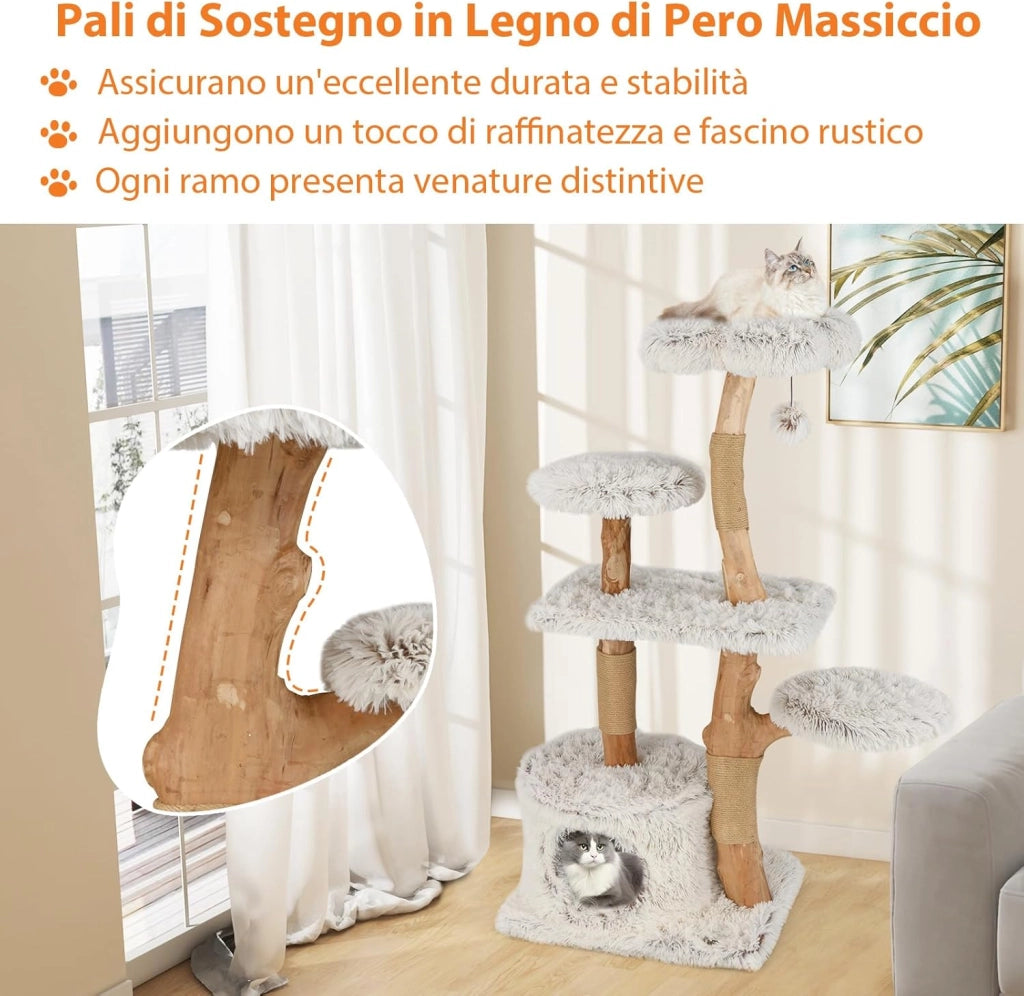 Tiragraffi per Gatto Alto 135 cm, Albero Tiragraffi in Legno di Pero Naturale con Grotta e 6 Piani, Torre per Gatti Imbottito in Peluche con Corde Juta e Pompon, Bianco