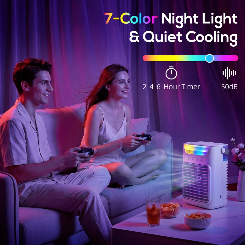 Ventilatore da Tavolo con 3 Velocit¨¤, Luce RGB e Testa Regolabile, Bianco