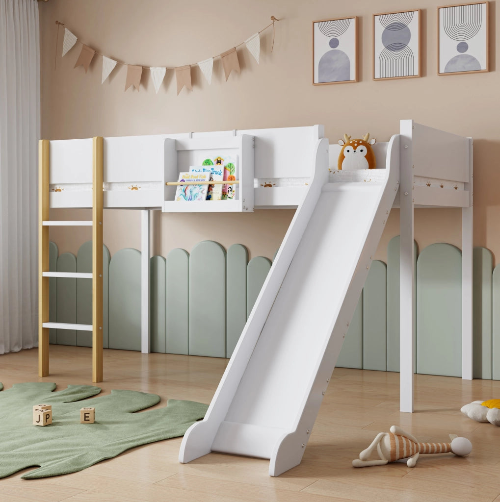Letto a soppalco per bambini 90x200 cm con scala a 3 gradini; scivolo e mensola removibile; bianco