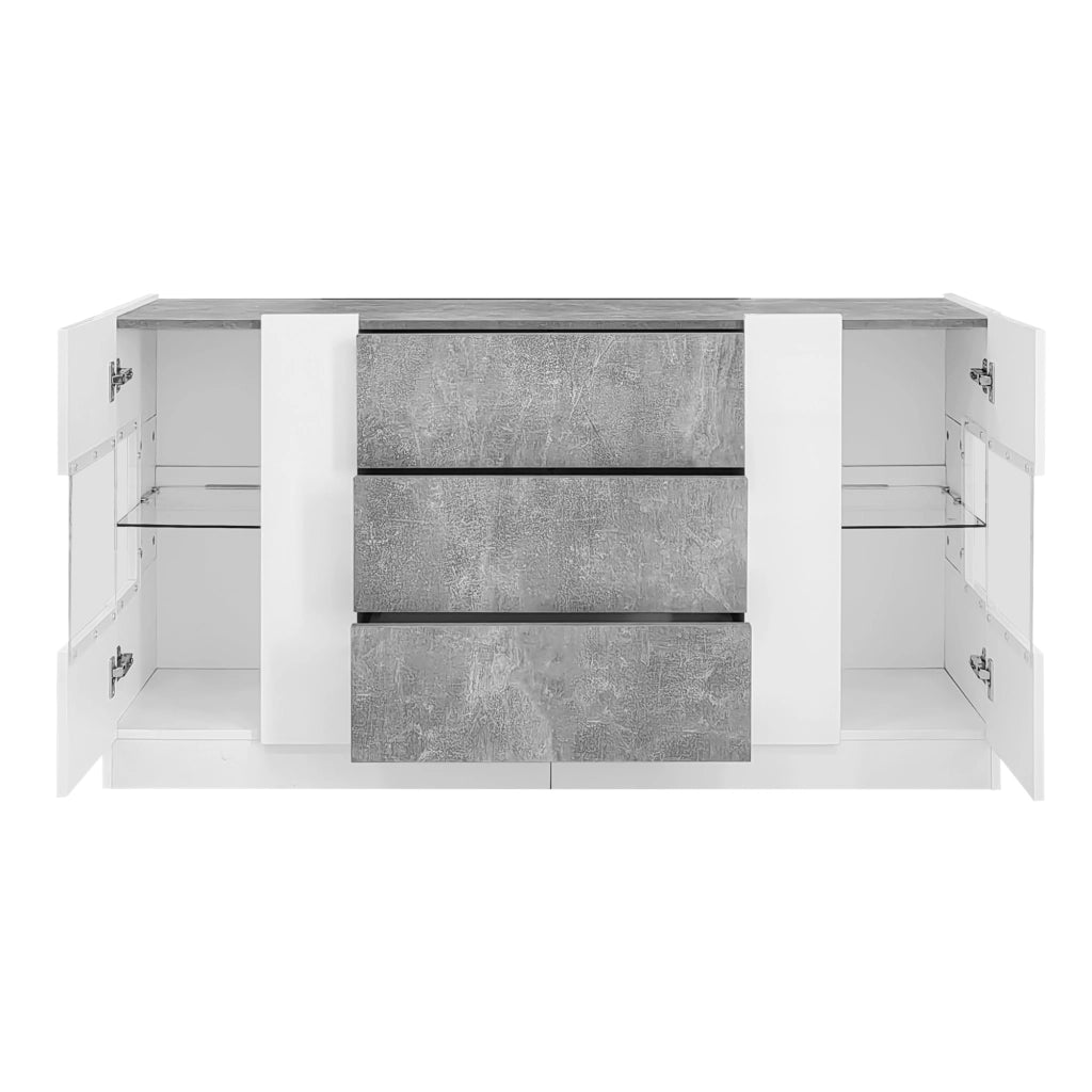 Credenza elegante - Zephmum- 2 ante 3 cassetti- 140x35x75 cm- Bianco lucido marmo grigio- LED 16 colori