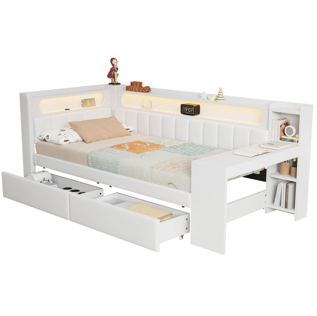 Daybed imbottito 90x200 cm con USB; LED; scrivania e 2 cassetti; bianco