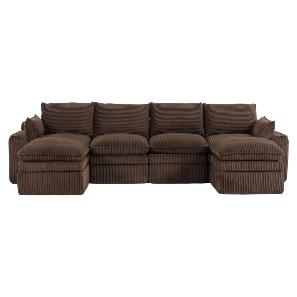 Divano modulare 4 posti in tessuto a coste con cuscini e tasche laterali e comfort a molle marrone 335 × 167 × 85 cm