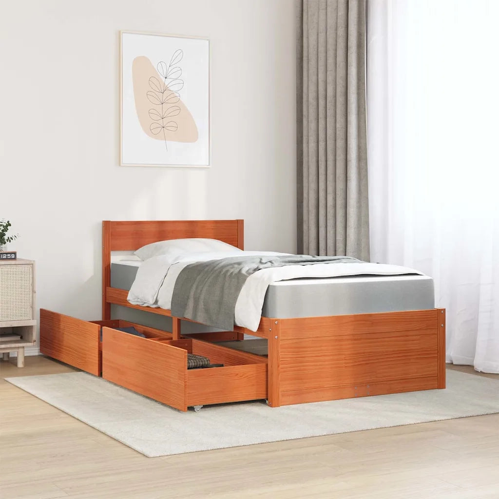 Letto Cassetti e Materasso Marrone Cera 90x200cm Massello Pino 3281909