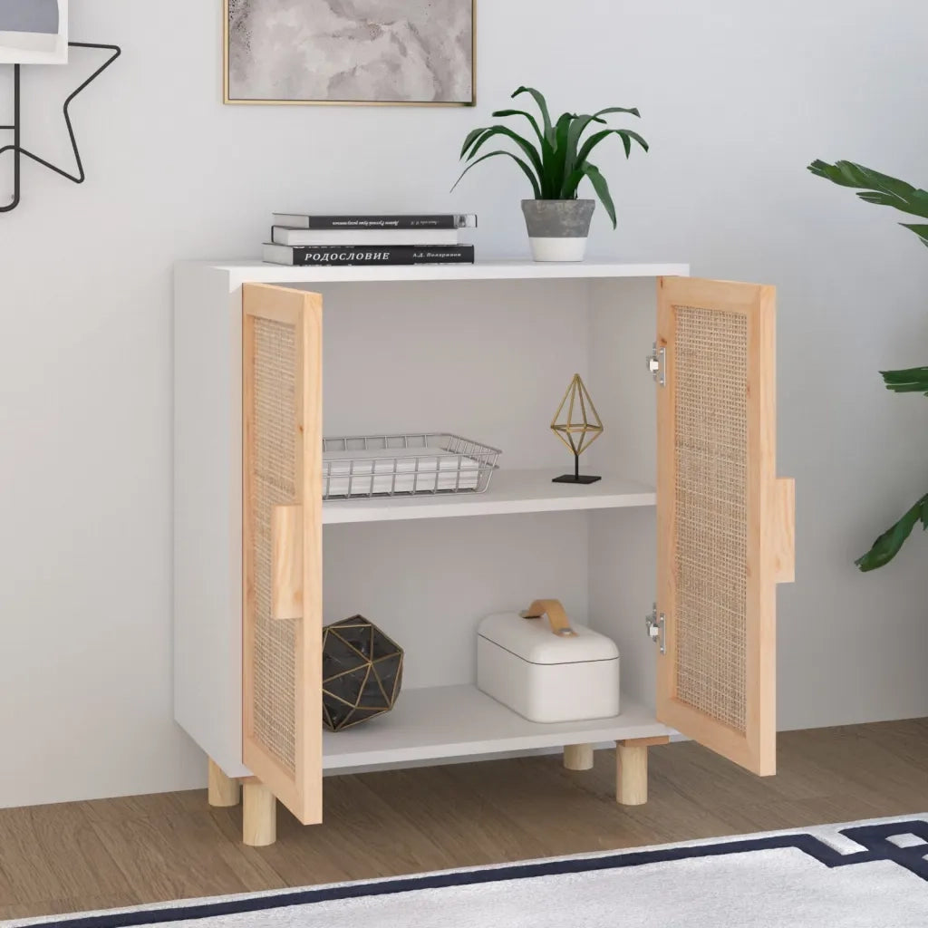 Credenza | Madia | Buffet da pranzo | Armadio da pranzo Bianca 60x30x70 cm Legno Massello Pino Rattan Naturale