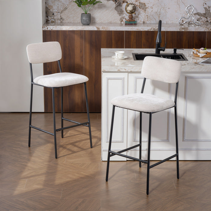 Set 2 Sgabelli da Bar con Schienale Alto Poggiapiedi e Rivestimento in Ciniglia Crema