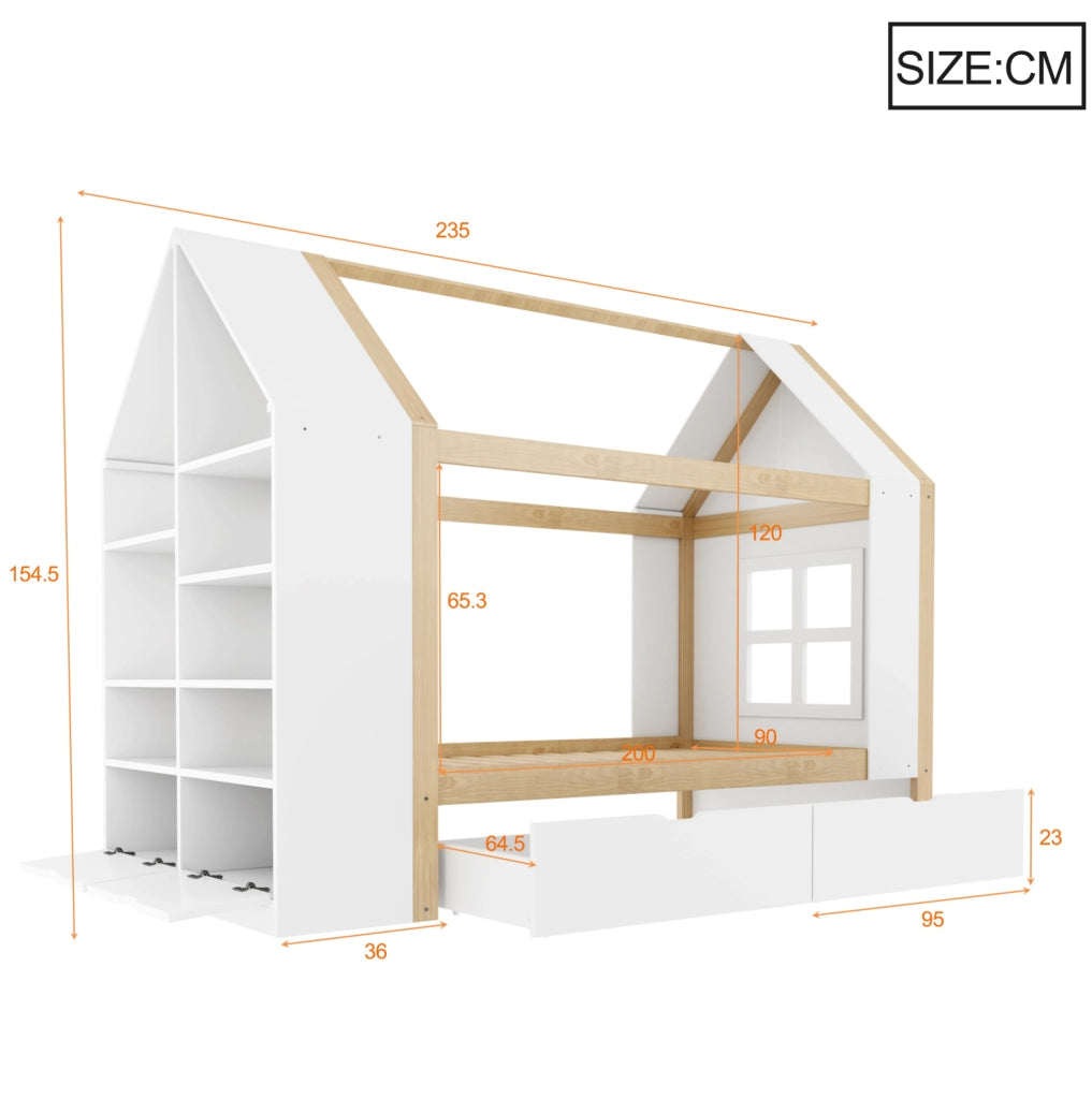 Letto per bambini a casetta 90x200 cm con cassetti, vano contenitivo e LED