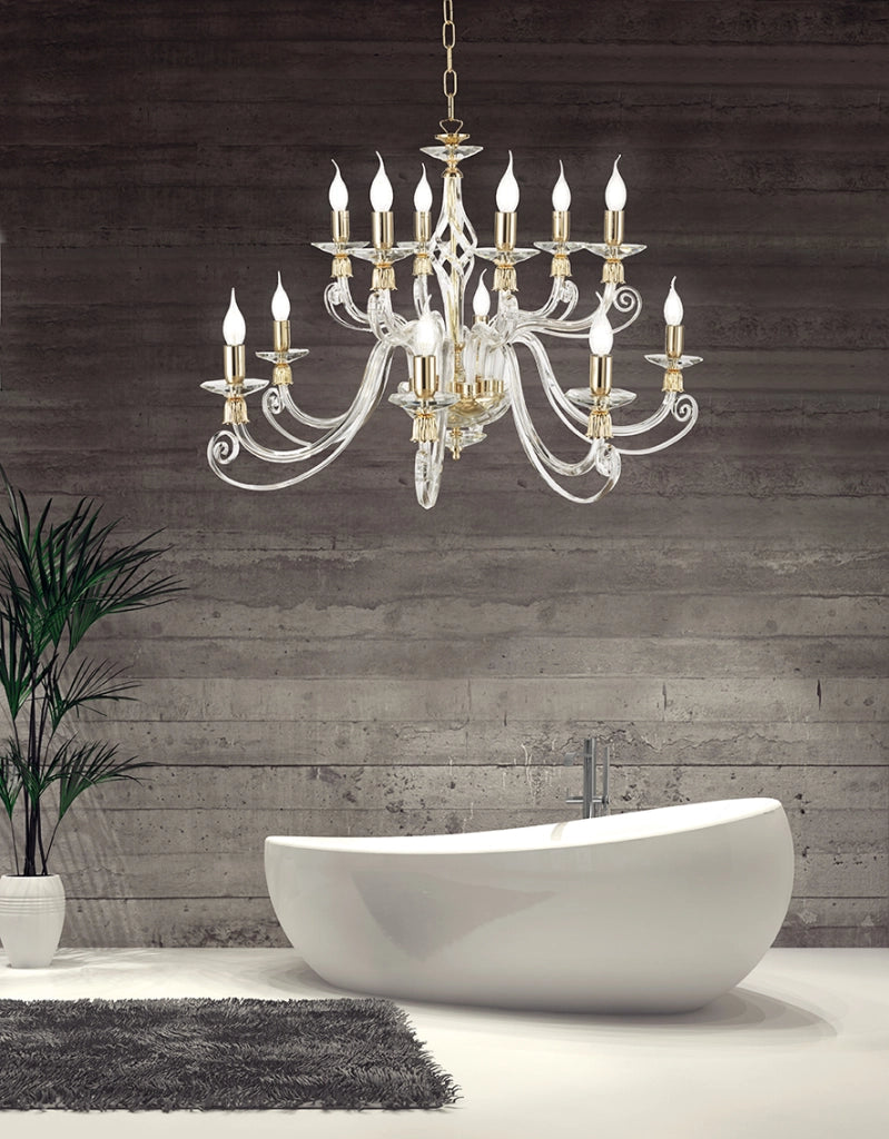 LAMPADARIO 1306 12 LUCI TRASPARENTE E ORO ATTACCO E14 D.100CM