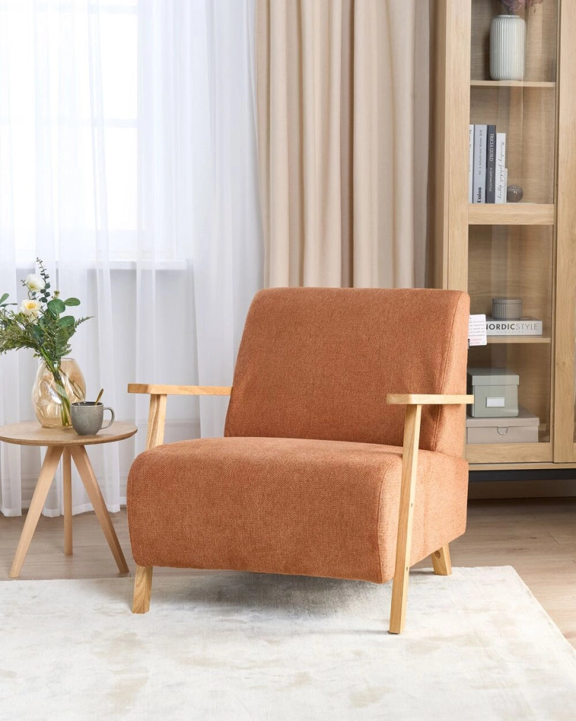 Poltrona Arancione Tessuto Gambe in legno con braccioli Soggiorno moderno minimalista