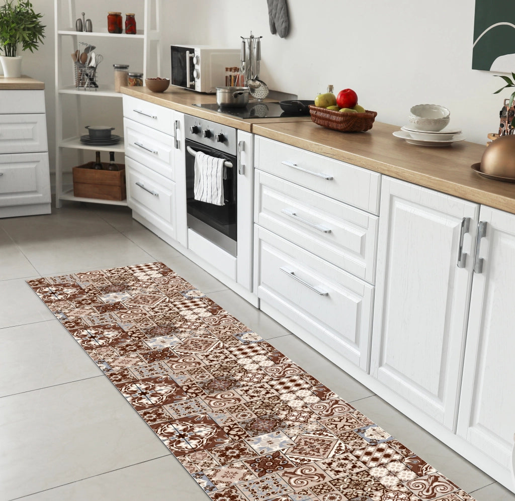 Tappeto passatoia fantasia made in Italy antiscivolo lavabile aderente Fantasia Maiolica , Piastrelle Beige - 50x200cm