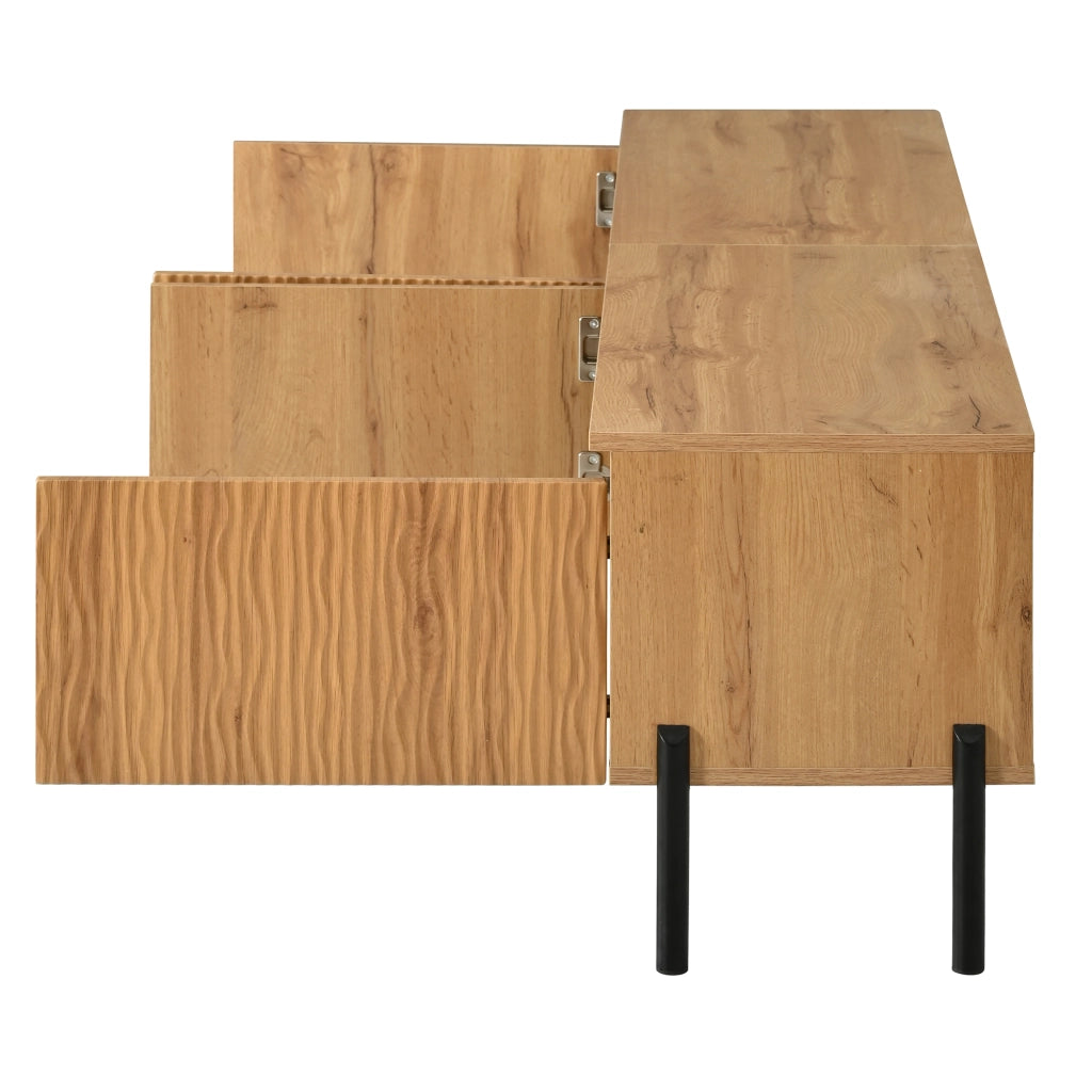 Mobile porta TV con 4 ante ondulate e 2 vani chiusi, fori passacavi, in MDF e truciolare, naturale, 180 × 35 × 43 cm