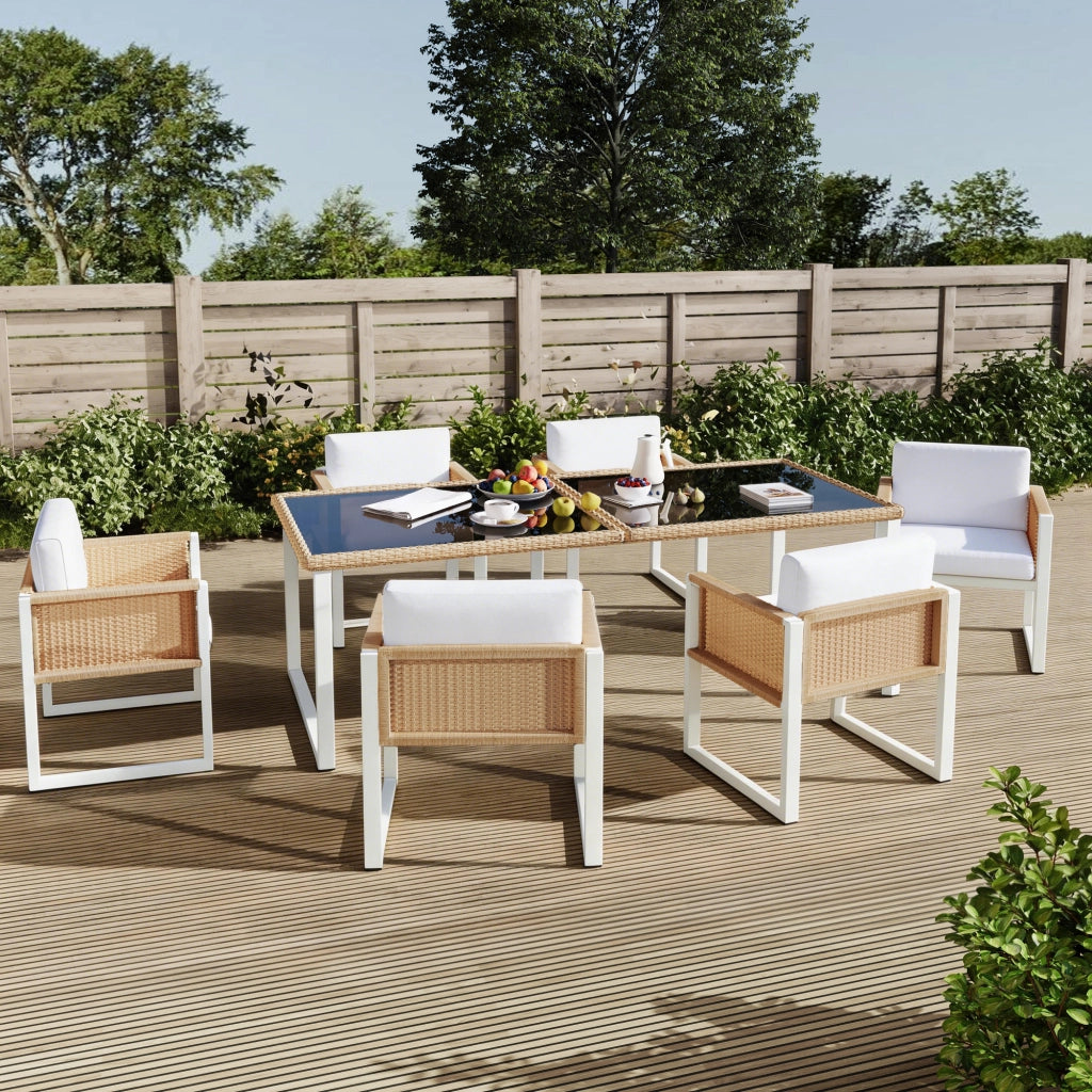 Set da pranzo da giardino con tavolo e 6 sedie in rattan PE marrone e bianco con vetro temperato e cuscini sfoderabili