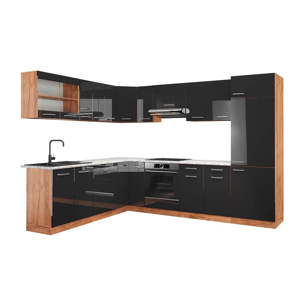 Cucina angolare completa R-Line Antracite lucido/Rovere dorato 287 x 60 cm, PL Marmo Vicco