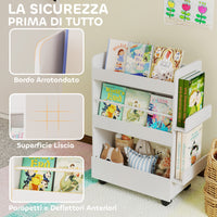 Libreria per Bambini 3-8 Anni  Scaffalea Due Lati Portagiochi con Ruote e Lavagna Nera in MDF Bianco