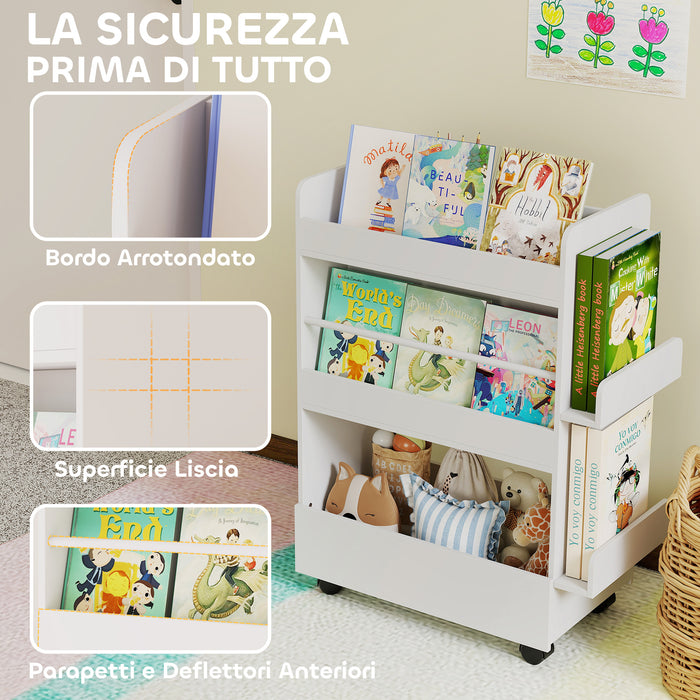 Libreria per Bambini 3-8 Anni  Scaffalea Due Lati Portagiochi con Ruote e Lavagna Nera in MDF Bianco