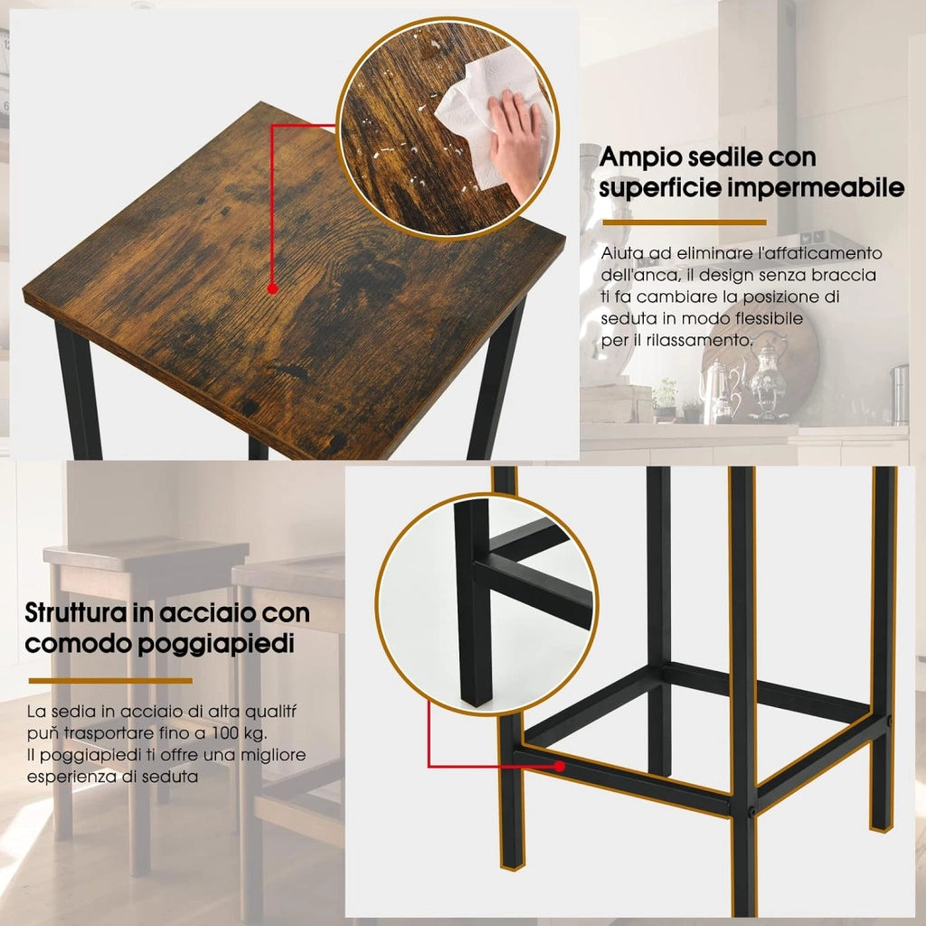 Set di 4 Sgabelli da Bar, Sgabello Sedie Alta con Poggiapiedi, Stile Industriale per Cucina, Soggiorno, Sala da Pranzo, Capacità 100kg (30x30x62 cm)