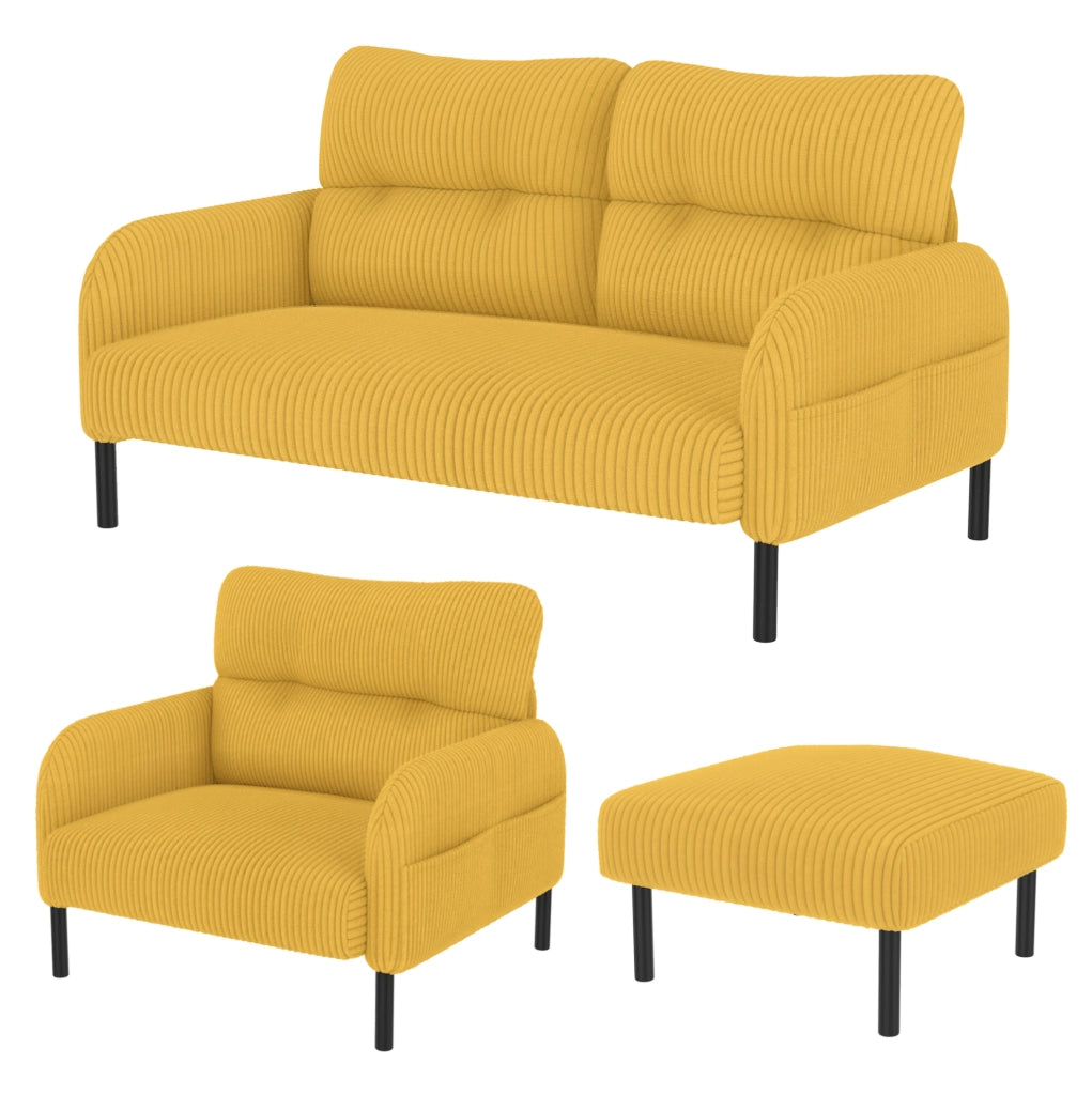 Set divano 2 posti, poltrona e pouf in velluto a coste giallo