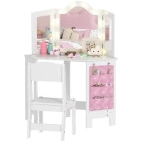 Set toeletta e sgabello per bambini, con luci LED bicolore, specchio triplo richiudibile, Bianco