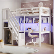 Letto a Soppalco in Legno Massello con Scrivania, LED e USB ¨C MINIMAL ¨C Singolo 90x200 Bianco