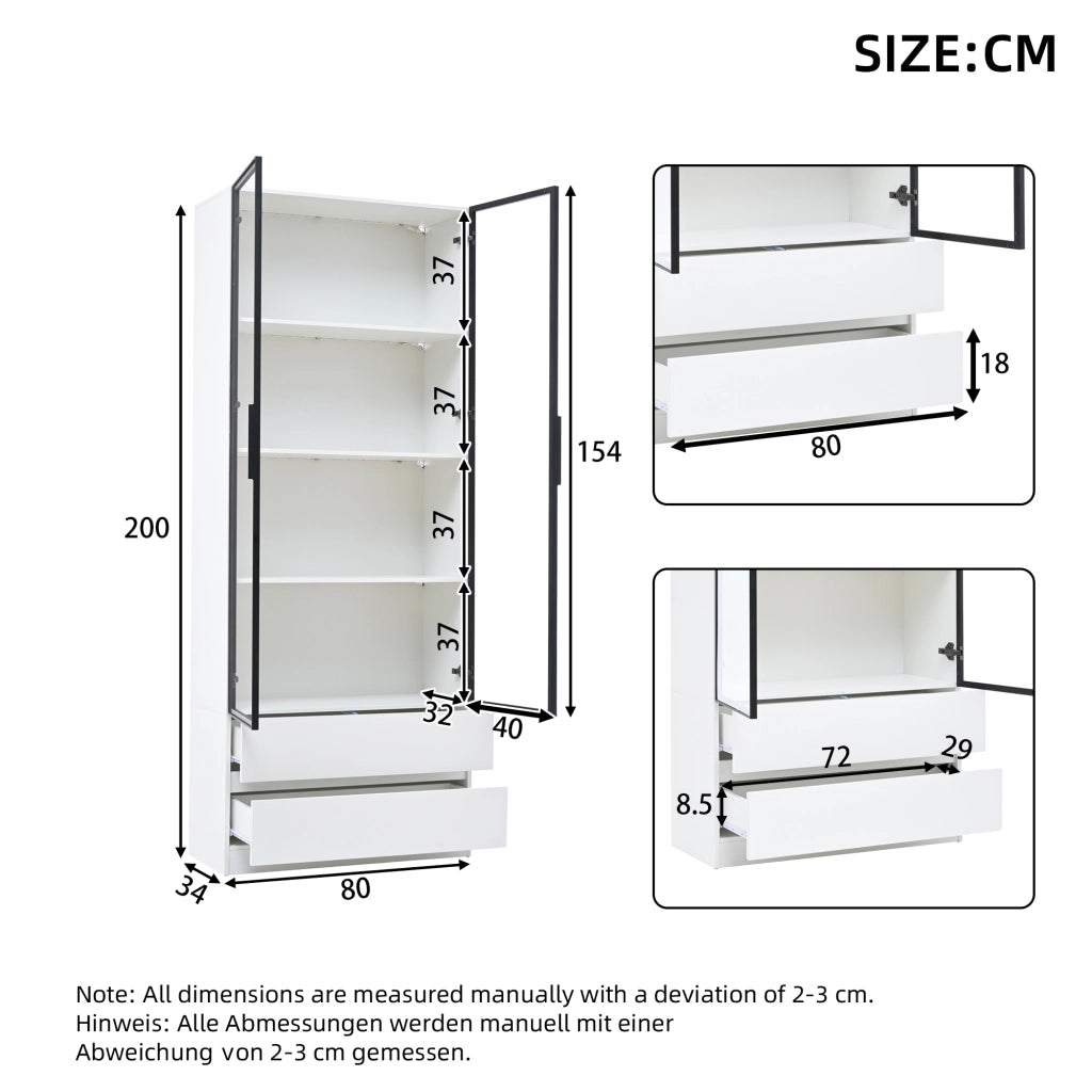 Vetrina con LED, 2 ante e 2 cassetti, per soggiorno e studio, in MDF e vetro temperato, bianco, 80 × 34 × 200 cm