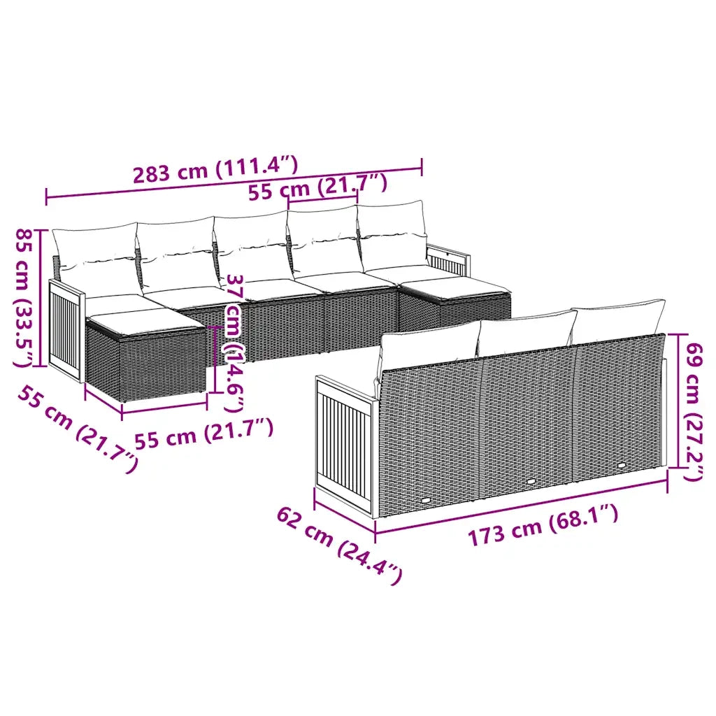 vidaXL Set Divani da Giardino 10pz con Cuscini in Polyrattan Nero