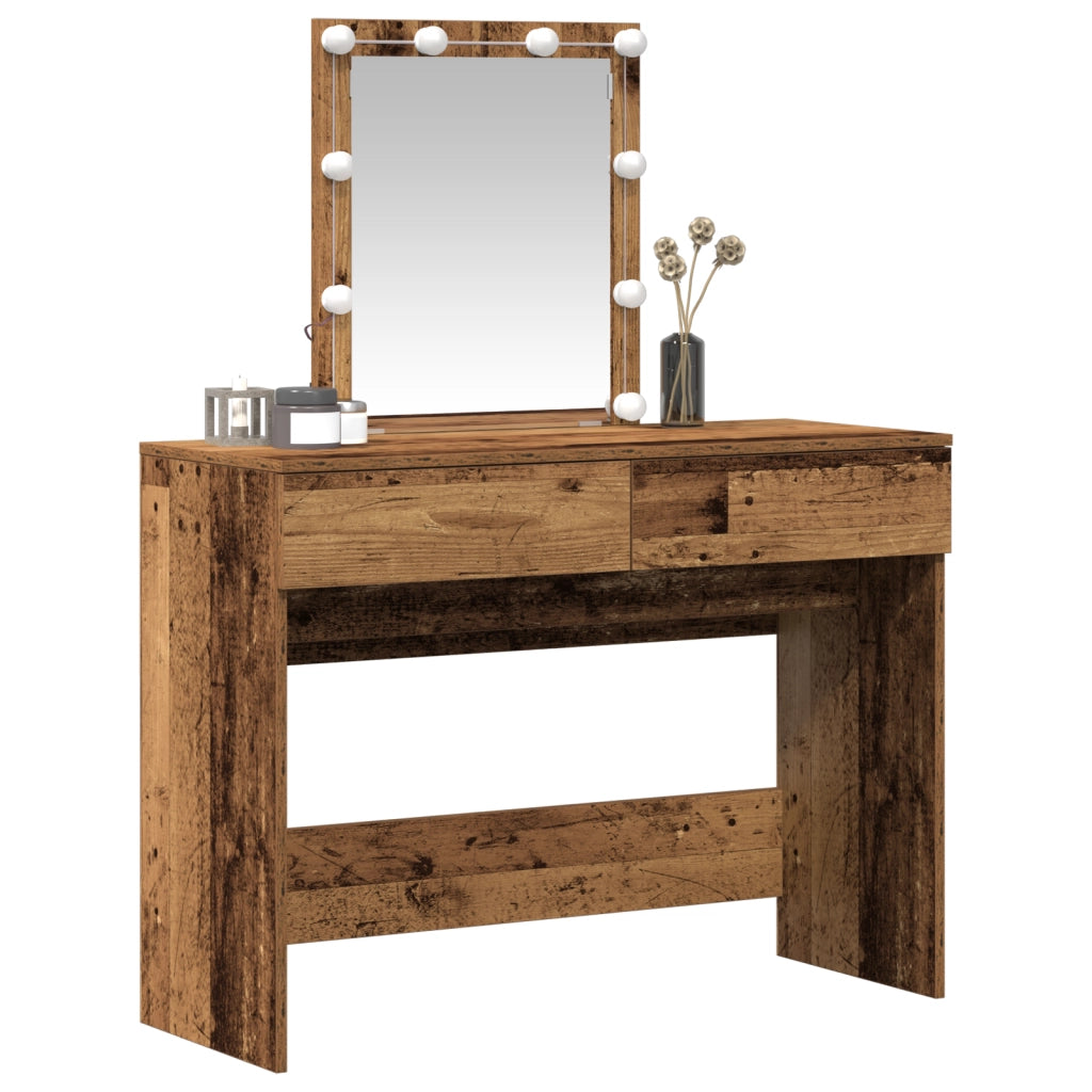 Tavolo da trucco con specchio e luci LED in legno vecchio