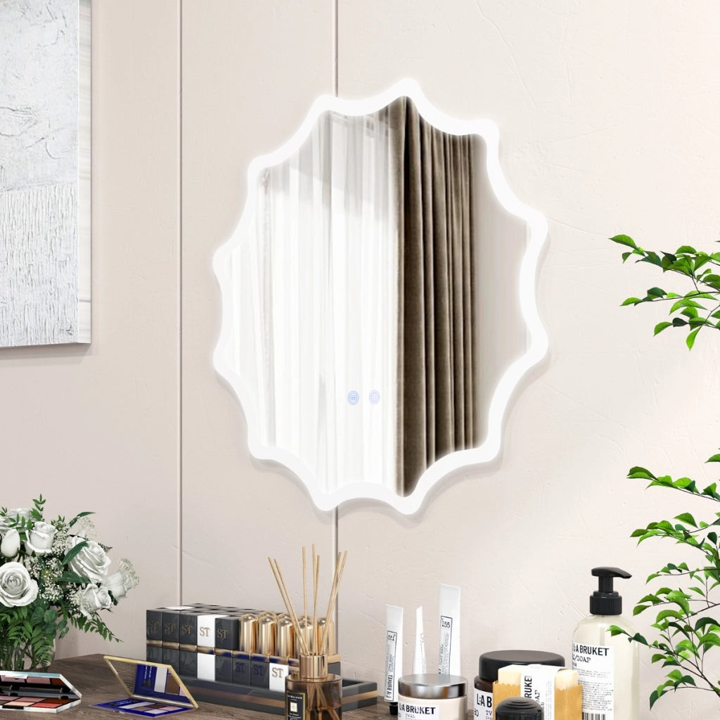Specchio da bagno a LED 60x60cm con bordo ondulato e luci a 3 colori e anti-appannamento, Specchio da parete Argento