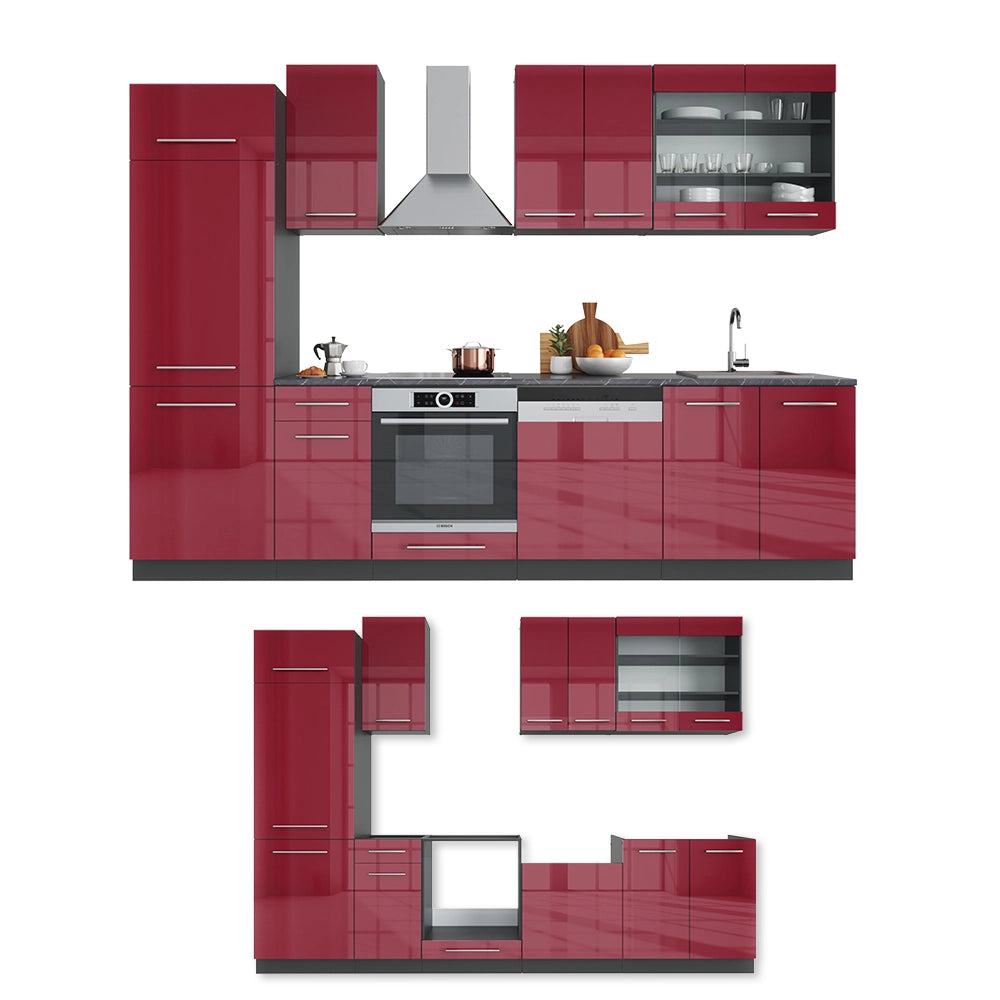 Cucina componibile Fame-Line Bordeaux lucido/Antracite 300 cm, PL Antracite Vicco