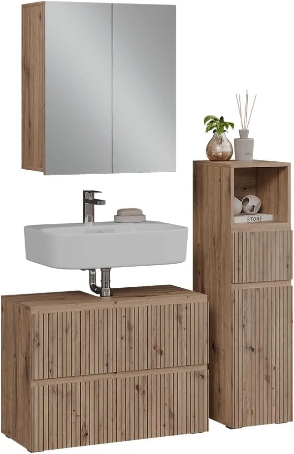Set di mobili da bagno 3 pezzi Takumi, Artigiano, 80 cm, composto da mobile sottolavabo, specchiera e mobile medio