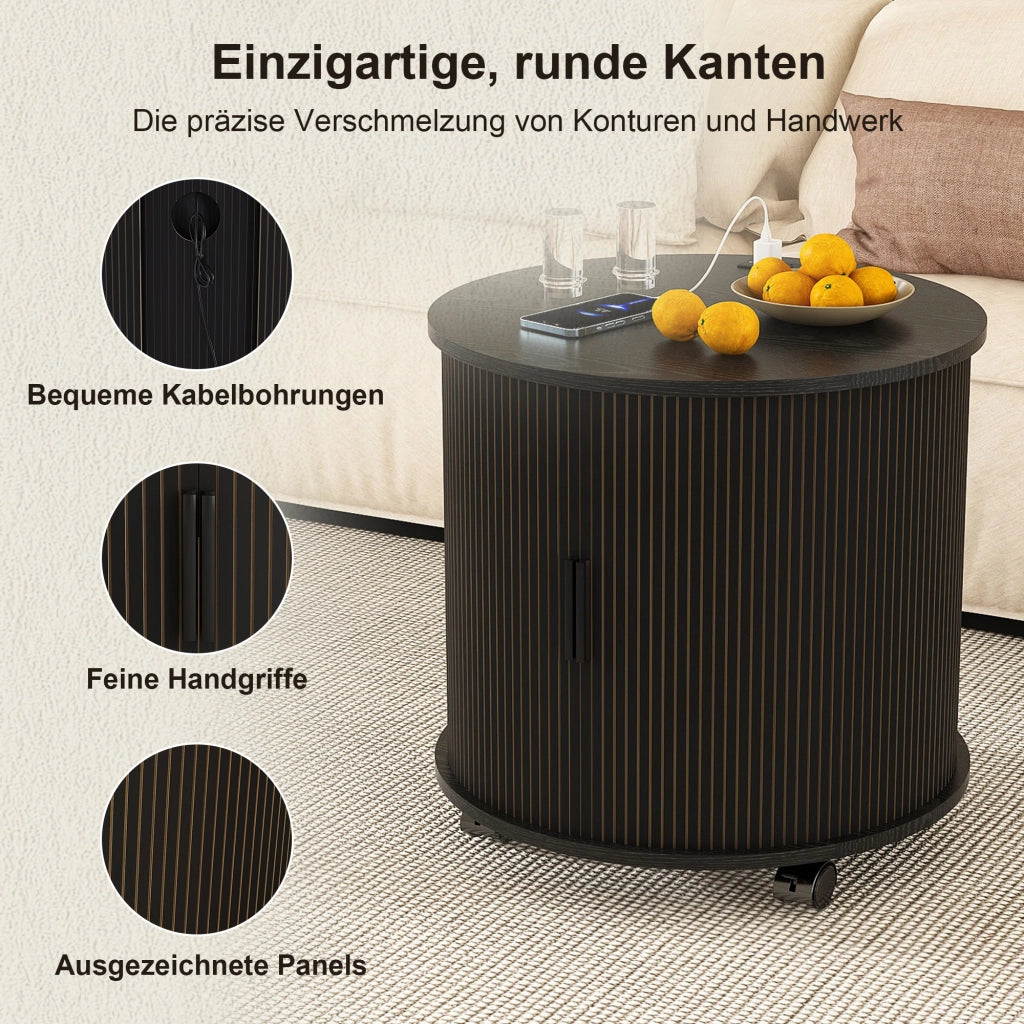 Comodino cilindrico stile mid-century con presa e 2 porte USB, anta scorrevole e vano contenitore, nero, 60 × 60 × 60 cm