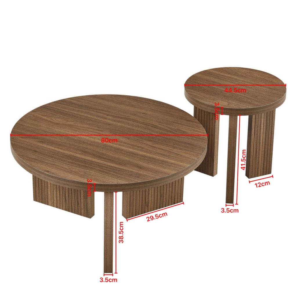 TAVOLINO DA CAFFÈ ROTONDO Set da 2 pezzi Noce MDF Struttura scanalata