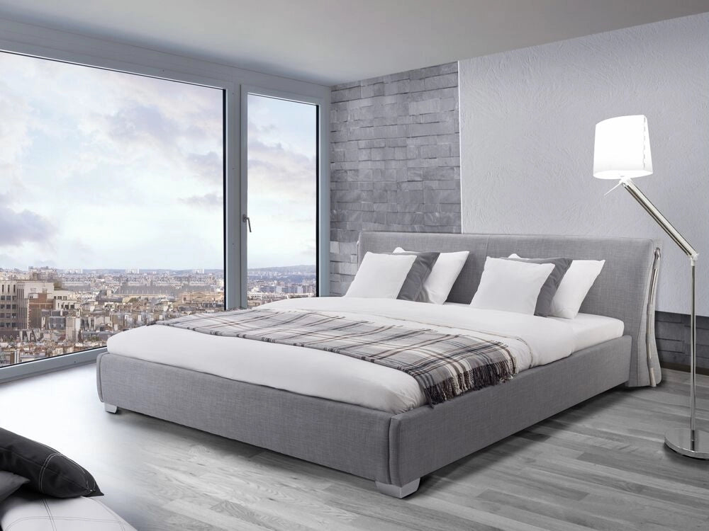 Letto in Tessuto Grigio con Testiera Curva Rete a Doghe 140 x 200 cm
