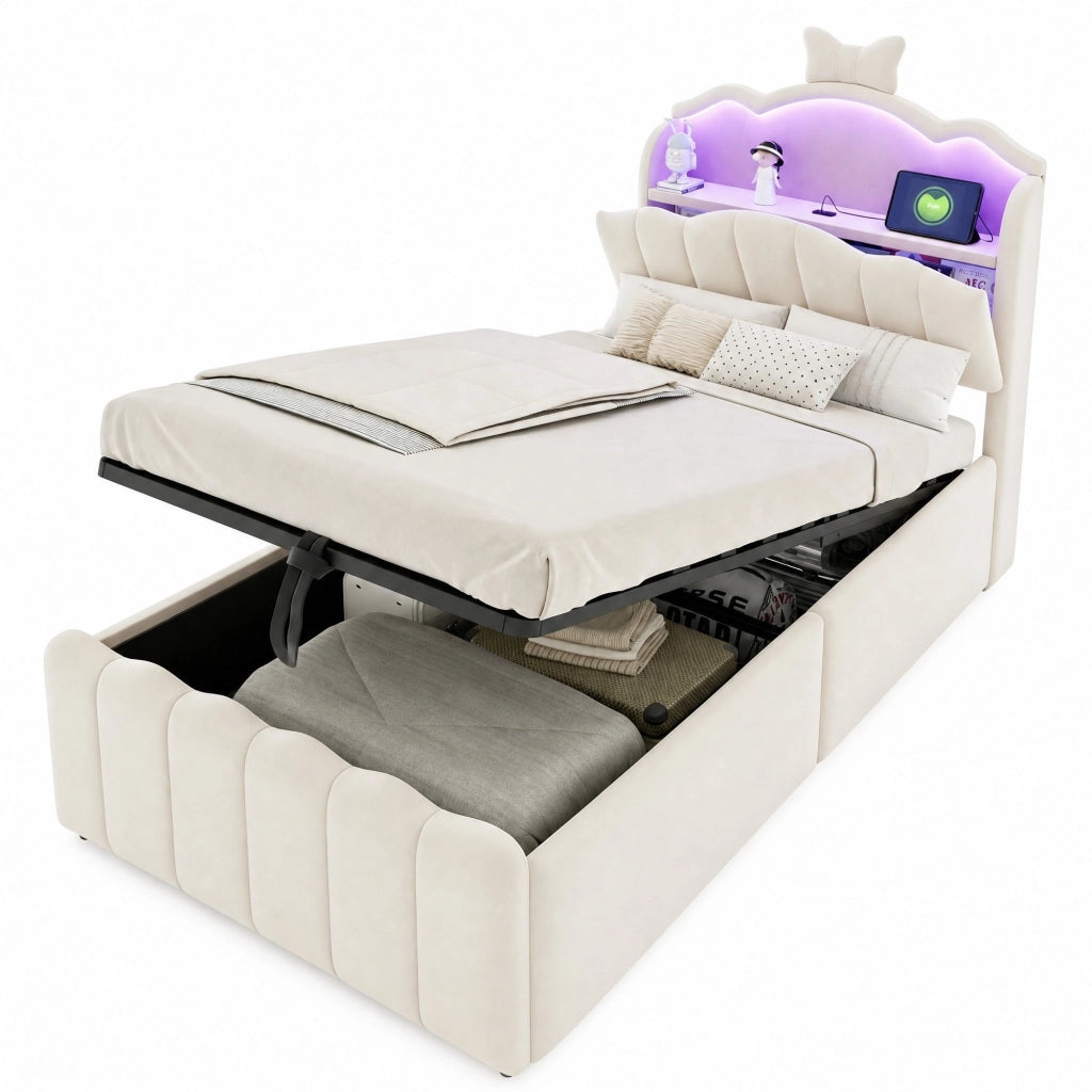 Letto imbottito per bambini 90 x 200 cm beige con LED e contenitore