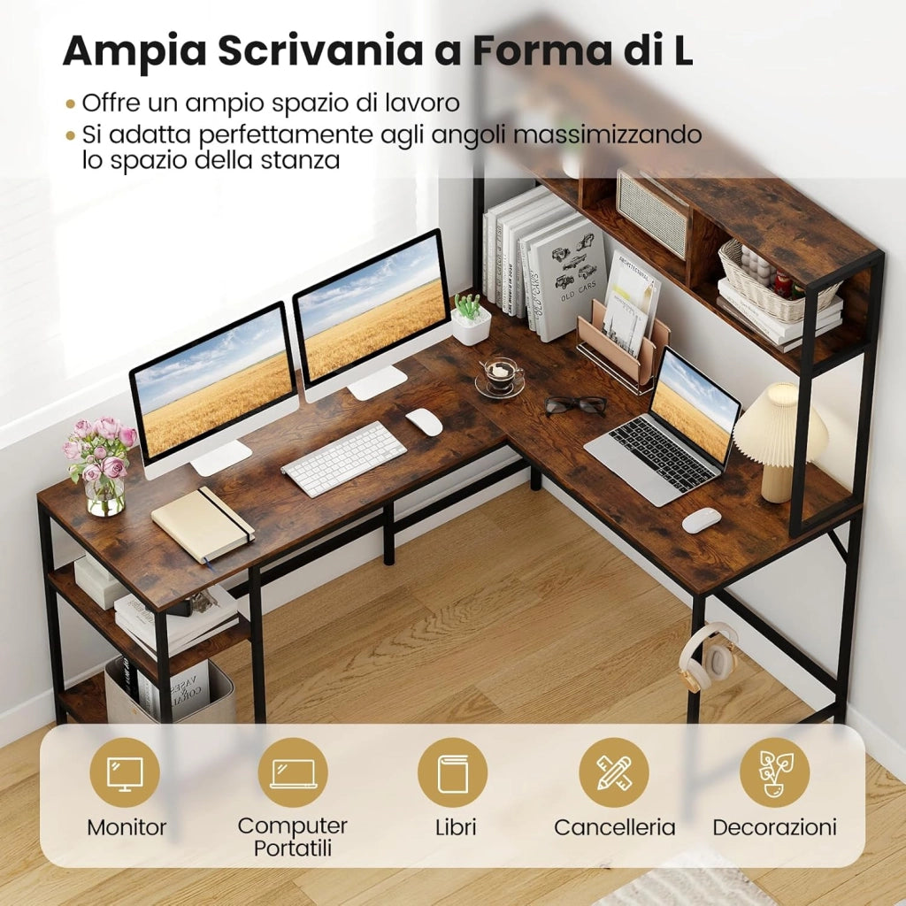 Scrivania a Forma di L con Libreria, Ripiani e Gancio per Cuffie, Scrivania Angolare in Legno con Robusto Telaio in Metallo, Scrittoio per Computer per Soggiorno, Studio e Ufficio (Marrone)