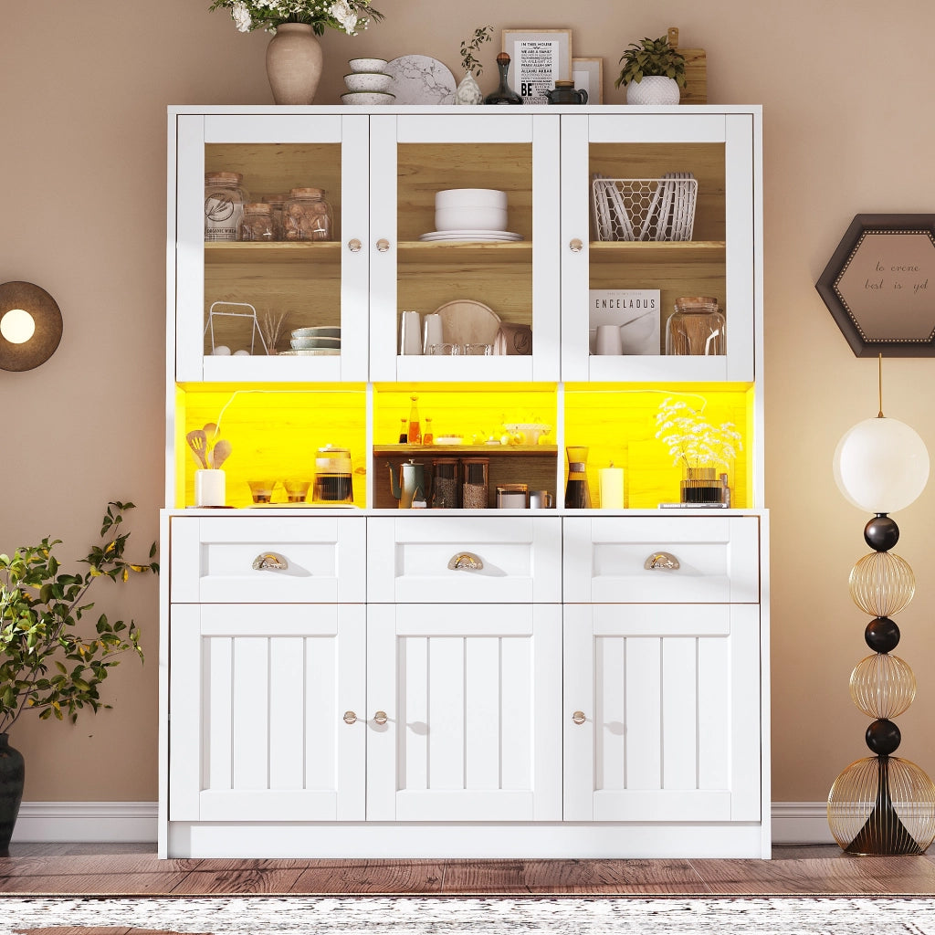 OKWISH Credenza da cucina alta con 6 ante e 3 cassetti, ripiani regolabili e LED, per cucina, MDF, 140 x 40 x 175 cm