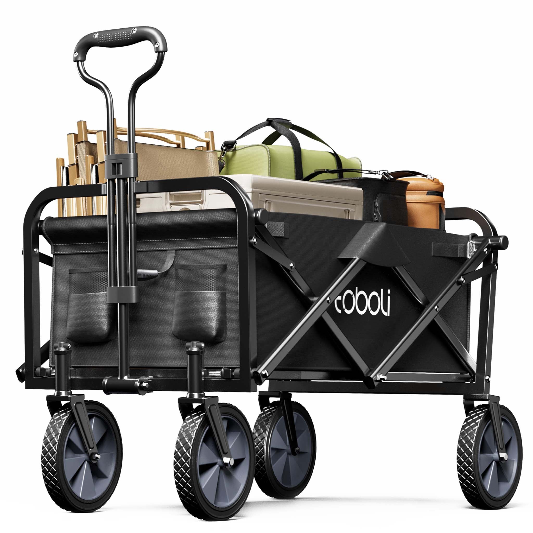 Toboli Carretto a mano pieghevole, max 100 kg, tessuto impermeabile nero e manico telescopico, Carrello spiaggia