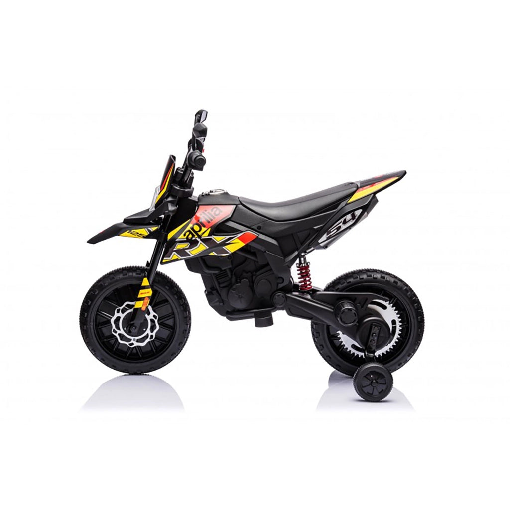 Moto Elettrica per Bambini Aprilia RX-125 Small 12V Cross Sedili In Pelle Luci Led Bluetooth Sospensioni a Molla Giallo