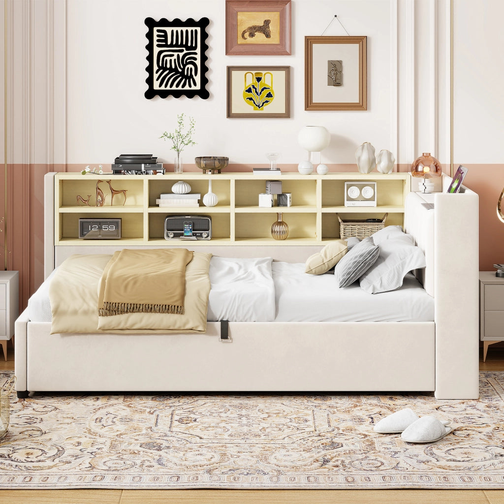 LETTO Contenitore 90x200 cm in Velluto Beige con testiera multifunzione