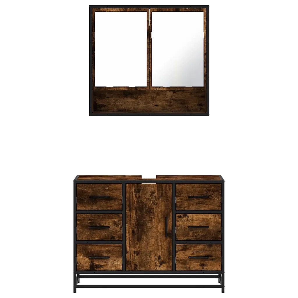 Set Mobili da Bagno 2 pz Rovere Fumo in Legno Multistrato