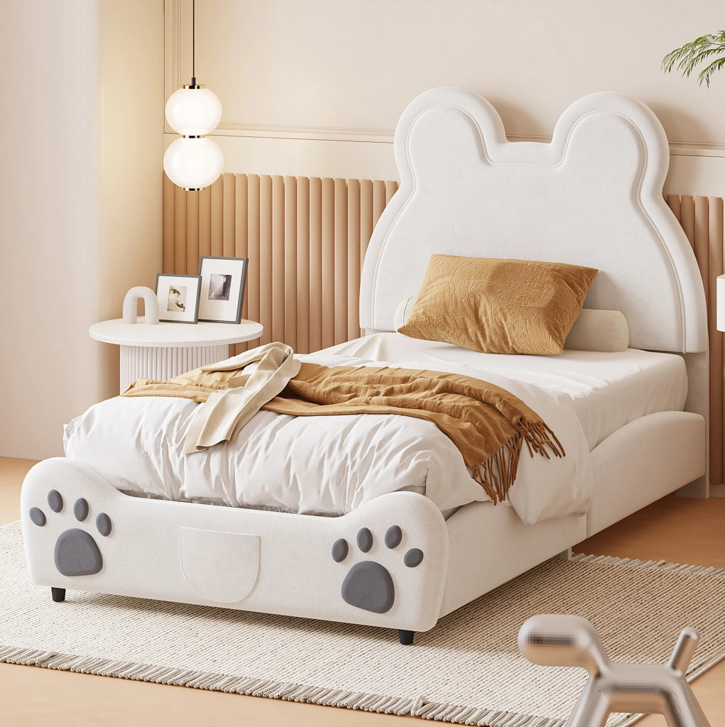 Letto singolo per bambini 90x200 cm a forma di orso in velluto bianco