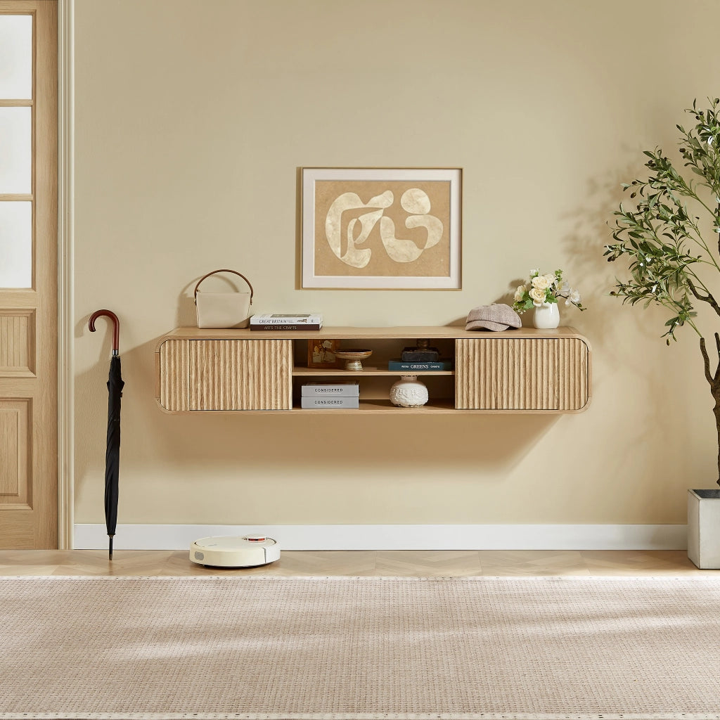 Mobile TV sospeso da 160 cm in MDF e truciolare con vani aperti e passacavi, colore naturale