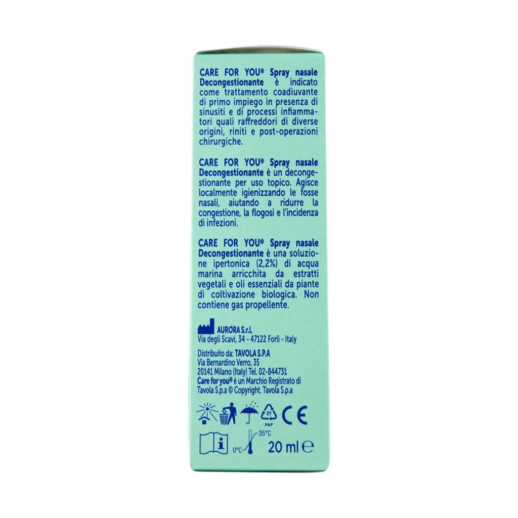 CARE For You Spray Nasale Decongestionante, Lavaggio Nasale per una Pulizia Profonda delle Fosse Nasali, Efficace per Raffreddori e Sinusiti, Soluzione Ipertonica, 20ml
