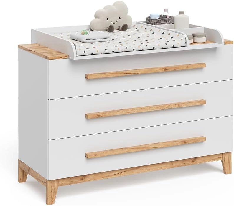 Fasciatoio Malia, Bianco/Artisan, 133.2 x 98 cm con 3 cassetti, con fasciatoio rimovibile per l'utilizzo come cassettiera