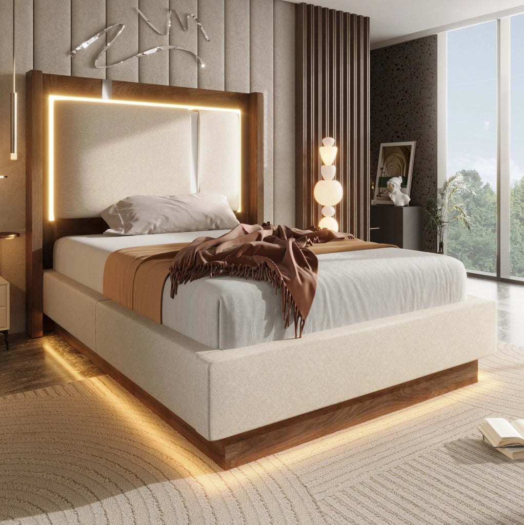 Letto imbottito 90x200 cm con contenitore idraulico, LED e rete a doghe beige e noce