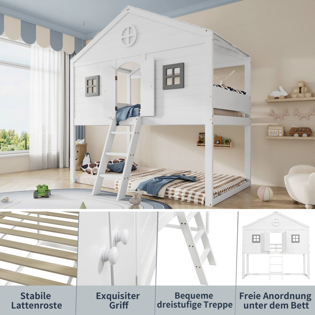 Letto a castello con scala bianco grigio in legno massello e MDF 90x200 cm