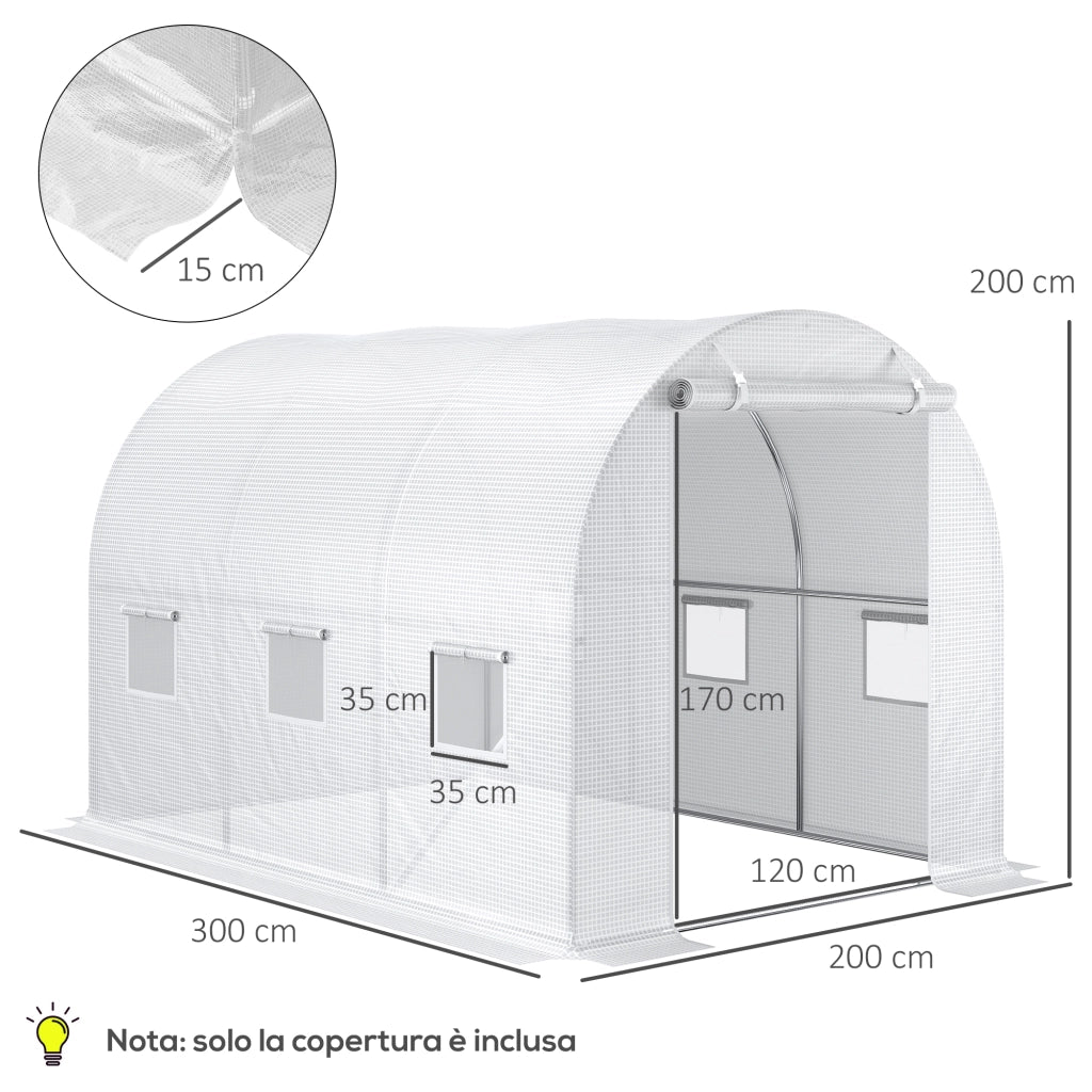 Telo per Serra 3x2x2 m con 6 Finestre Porta Avvolgibile e Bordi Interrati in PE Bianco