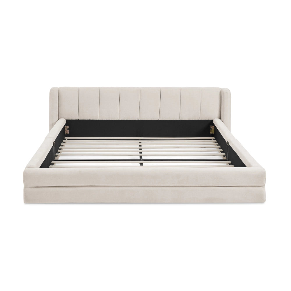 Letto Matrimoniale 140x200cm - Xylo - Testiera Chenille e Struttura Eucalipto/Ferro Beige