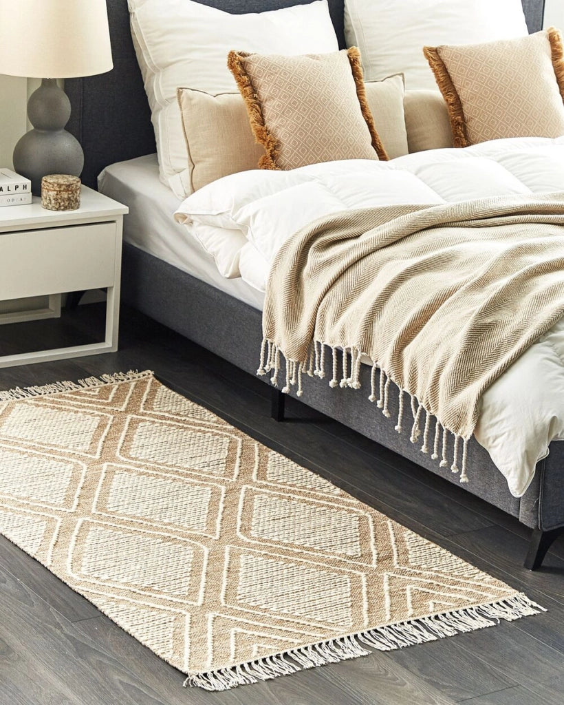 Tappeto in cotone bianco beige 80 x 150 cm motivo geometrico nappe tribali orientali