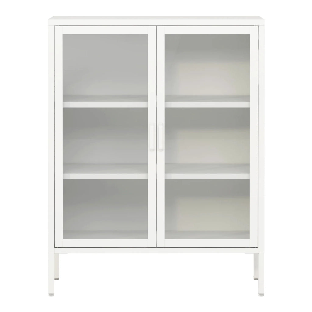 Credenza in metallo con ante in vetro acciaio e vetro temperato 102 x 80 x 40 cm bianco 03_0006607