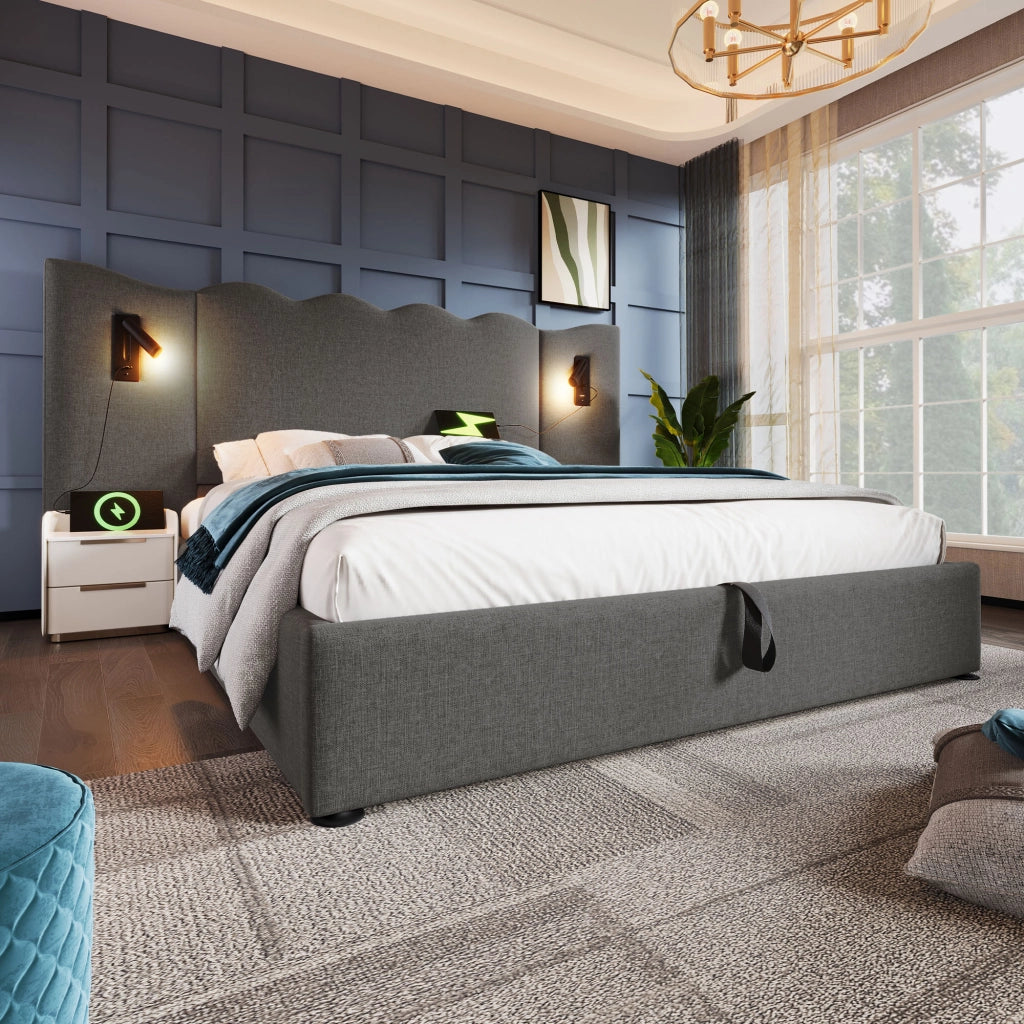 LETTO imbottito 160x200 cm in lino grigio con lampada da lettura e USB-C